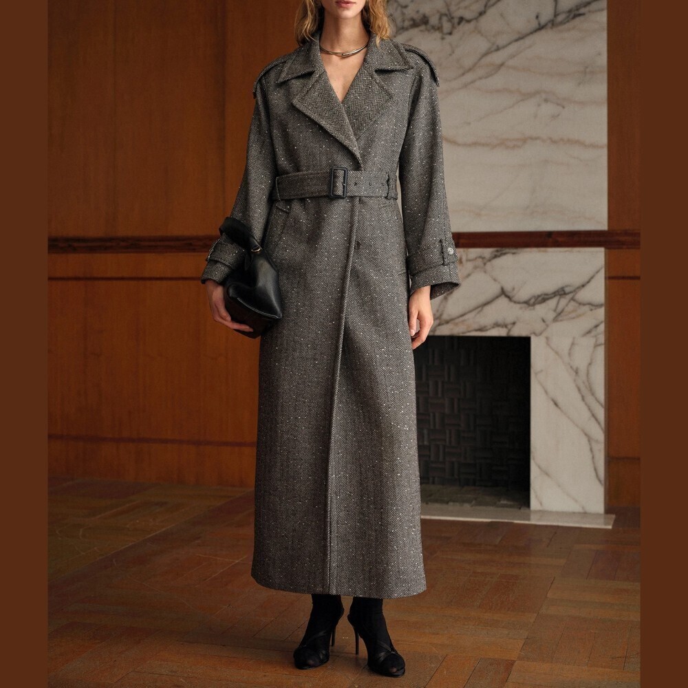 Gray Speckled Herringbone Belted Long Maxi Trench Coat w/ Notched Lapel